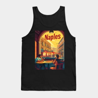 Two people savor delicious pizza at an outdoor cafe in Naples, surrounded by lively streets and beautiful buildings as the sun sets, Tank Top